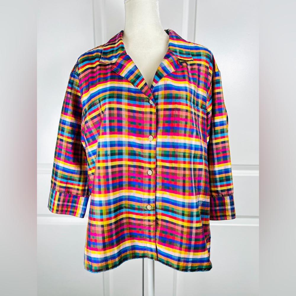 Chicos Art To Wear 100% Silk Multi Color Striped Blouse Jacket Pockets Sz XL 3